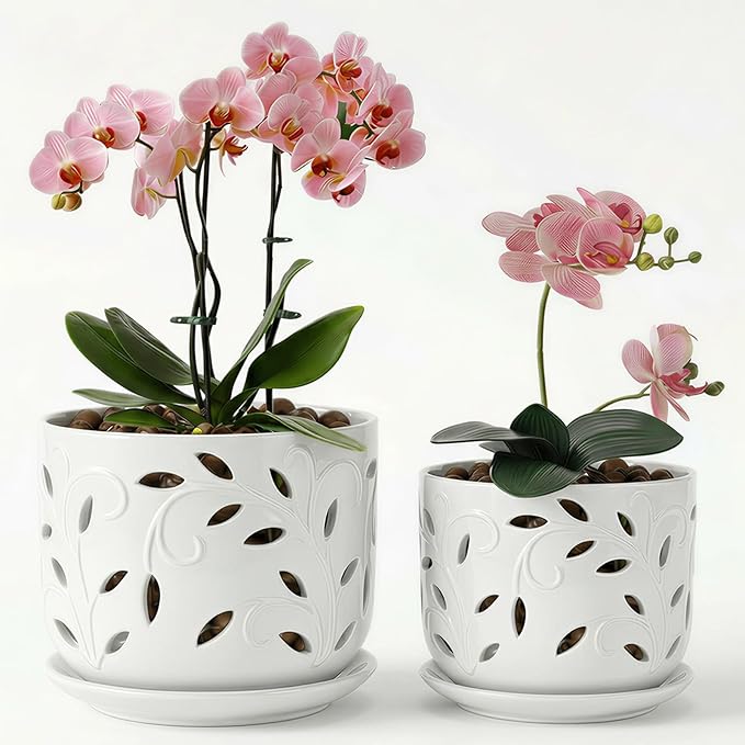 EFISPSS Ceramic Orchid Pots 5+6 Inch White with Drainage Holes & Tray, Breathable Airflow, Indoor & Outdoor