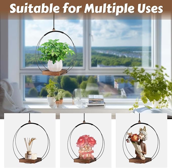 COM4SPORT 2 Pack Hanging Planters for Indoor Plants, Black Metal Plant Hanger with Wood Base Boho Hanging Plant Holder for Window,Room,Balcony Decor