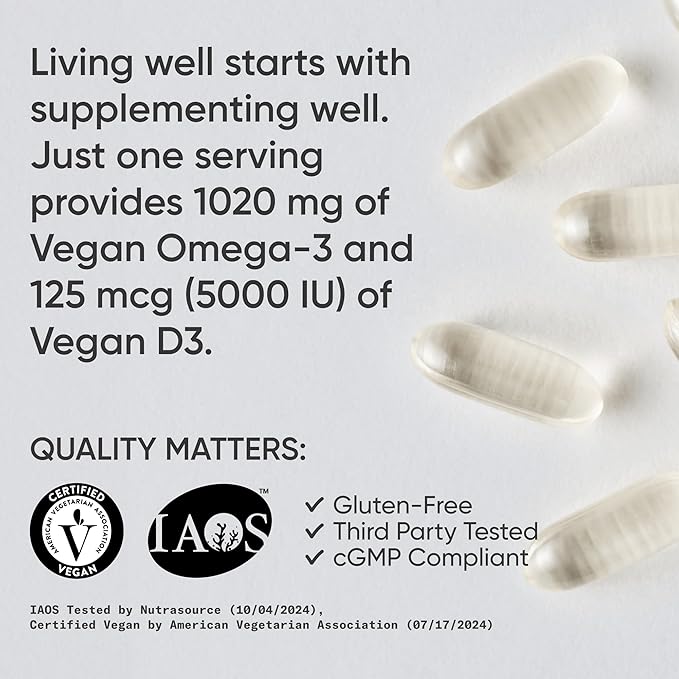 Sports Research Vegan Omega-3 with Vitamin D3 Softgels - 1020mg Omega-3 & 5000iu D3 Supplement - Fish Oil Alternative with Vitamin D Plant-Based Support from Algae Oil - 60 Veggie Softgels for Adults