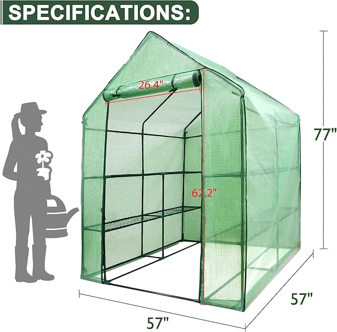 2 Tiers 8 Shelves Walk-in Green House, Portable Greenhouse w/Durable PE Cover, Roll Up Zipper Door, Steel Frame Greenhouse w/ Ground Pegs, Ropes for Garden, Patio, Backyard