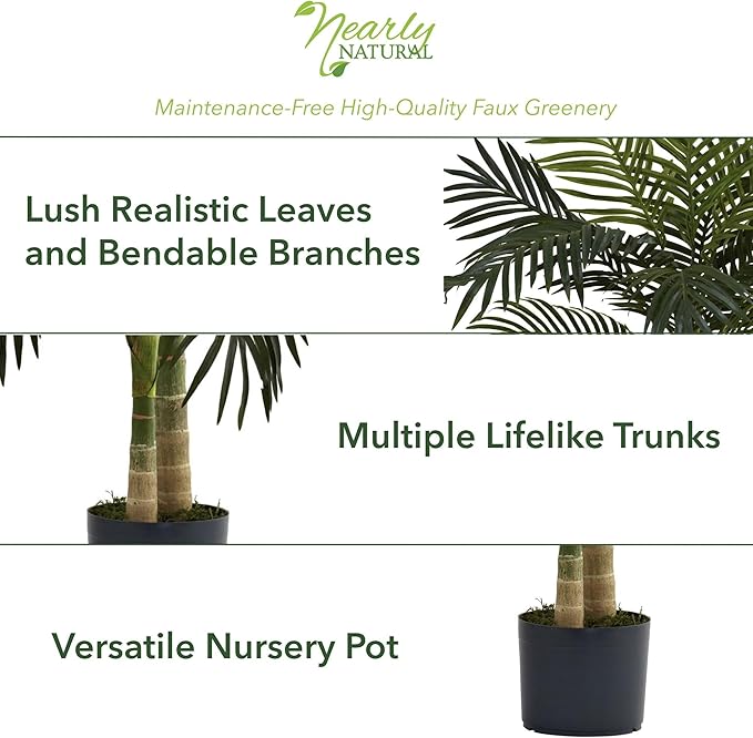 Nearly Natural 4ft Golden Cane Palm, Double Stalk Artificial Tree With Lush Realistic Foliage Maintenance Free Indoor Faux Palm Plant For Living Room, Easy Setup, Perfect Tropical Decoration