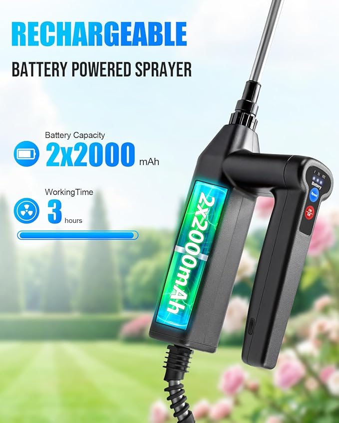 Battery Powered Sprayer 2 Gallon, Electric Weed Sprayer with 3 Adjustable Pressure Levels, 4 Nozzles & Extendable Wand, Rechargeable Garden Sprayer for Yard, Lawn, Plants & Fertilizer