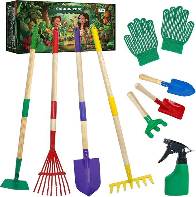 VICHTOP 9Pcs Kids Gardening Tools Set - Toys with Shovel, Rake, Hoe and Leaf Rake for Outdoor Backyard Play, STEM Educational Toys, Ideal Christmas Birthday Gifts for Toddler Boys & Girls Ages 3 4 5
