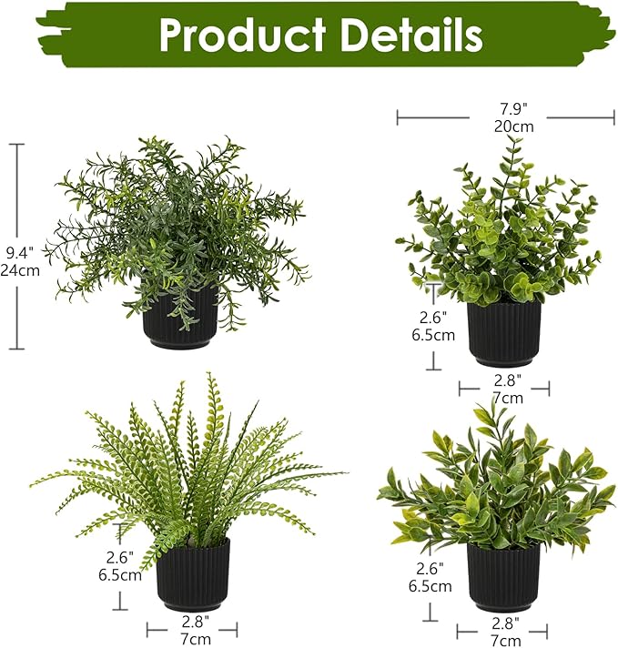 Hollyone 4 Pack Artificial Potted Plants Eucalyptus Rosemary Boston Fern ZZ Plant Fake Plant in Black Pot Small Faux Plant Greenery Aesthetic Indoor Home Decor Bathroom Bedroom Table Shelf Office
