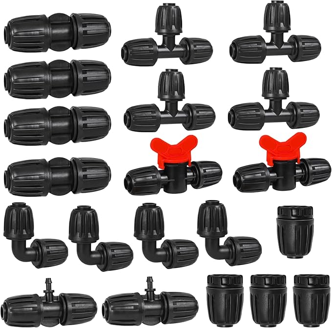 1/2 Inch Drip Tubing Irrigation Fittings Kit - 20 Pieces Set 1/2'' Drip Line Anti-Drop Barbed Lock Nut Connectors- 4 Couplings 4 Tees 4 Elbows 2 Valves 2 1/2'' to 1/4'' Reducers 4 Plugs