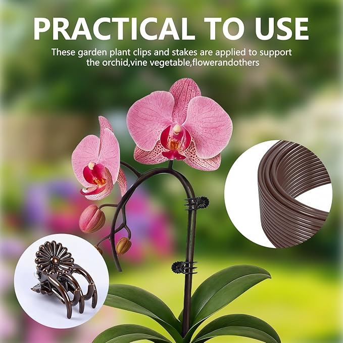 32ft Plant Support Stakes with 50 Pcs Plant Clips and 800 Ties, Plant Sticks for Indoor and Outdoor Plants, Orchid Clips and Stakes, Tall Bendable & Cuttable Single Stem Flower Stakes (Brown, 65ft)