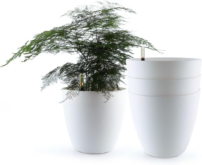 T4U 8.5 Inch Plastic Self Watering Planter with Water Level Indicator White Set of 4, Modern Decorative Planter Pot for All House Plants, Flowers, Herbs, African Violets, Succulents