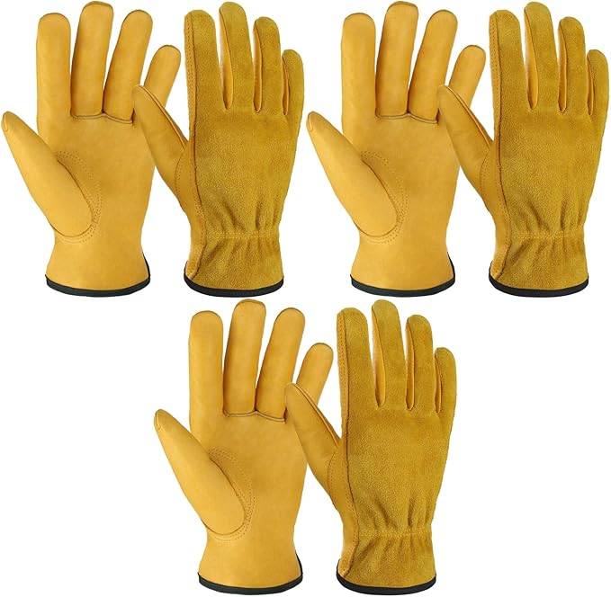 OZERO Leather Work Gloves for Men & Women, 3 Pairs Genuine Cowhide Garden Gloves, Lab Tested EN388 2143X, Flexible Grip, Breathable Unlined Comfort, Elastic Wrist (Gold, Large)