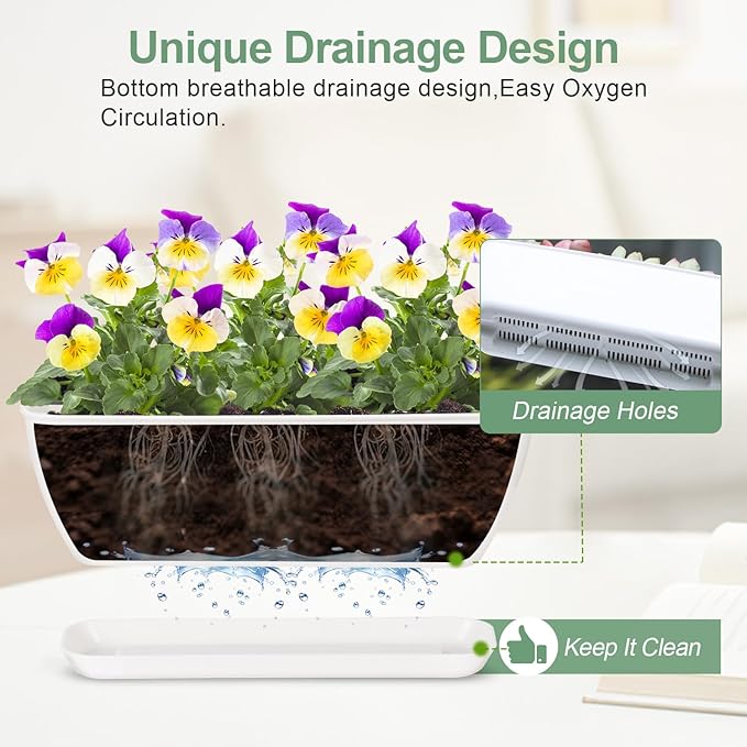 Oliz 8-Piece White Rectangular Window Sill Planters with Drainage Holes and Trays (11 Inches) for Basil, Orchids, and Succulents Modern Herb Garden Planters Suitable for Indoor/Outdoor Plants