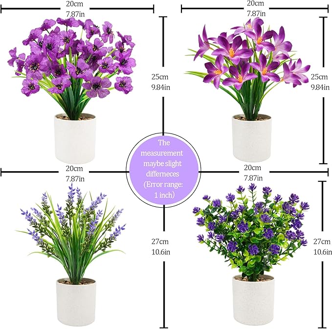 4 Pack Artificial Flowers in Pots, Mini Fake Potted Plants Small Faux Flowers for Indoor Decor, Purple Spring Tabletop Centerpieces for Bathroom Office Desk Shelf