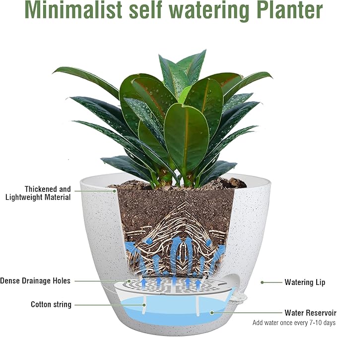 Meowell 12 inch Large Self Watering Pots for Indoor Outdoor Plants, Plant Pots with Mesh Drainage Holes for Garden House Plants, Plastic Planters with Reservoir for Flower, Speckled White