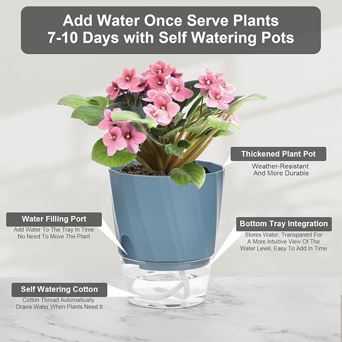 KIMCHOMERSE Self Watering Plant Pots 4.7 Inch, 6 Pack Indoor Planters with Drainage Holes & Saucers, Decorative Flower Pots for Home Office Decor (2 White, 2 Pink, 2 Blue)