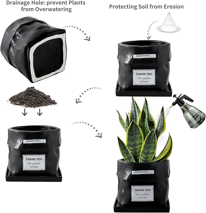 Nihow Ceramic Plant Pot: 8 Inch Planter with Drainage Hole & Square Saucer for Herbs/Plants, Bag Shape Design Flower Pot for Indoor & Outdoor Garden Decor - Black