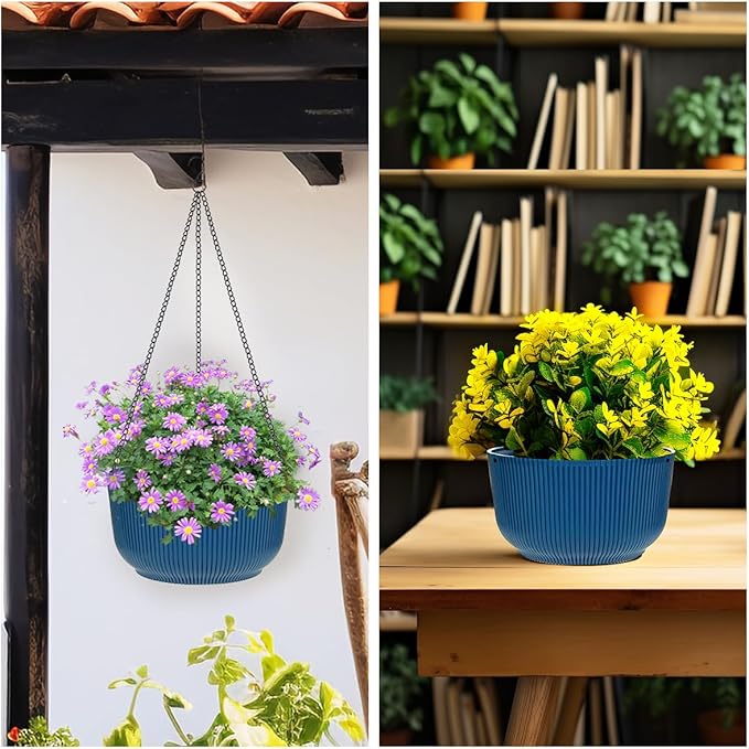 RooTrimmer Hanging Planters 9/10/11 Inch for Indoor Plants, 3 Pack Plant Hanger Outdoor with Drainage Holes, Self Watering Hanging Basket Flower Pot for Garden Home Decor, Dark Blue