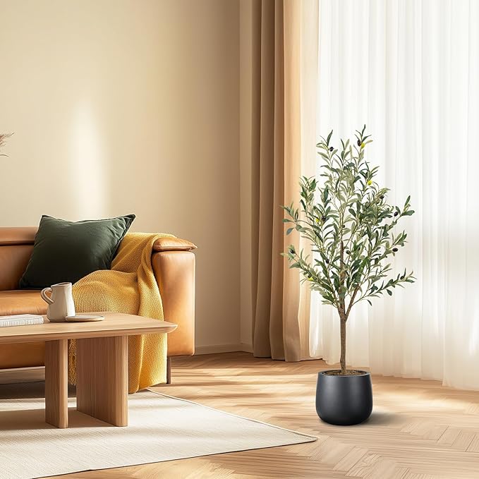 Artificial Fake Olive Tree 4FT Tall 1Pack Faux Silk Olive Tree for Home Living Room Office Decor Faux Artificial Plants Indoor Fake Potted Plants with Fruit & Free Moss
