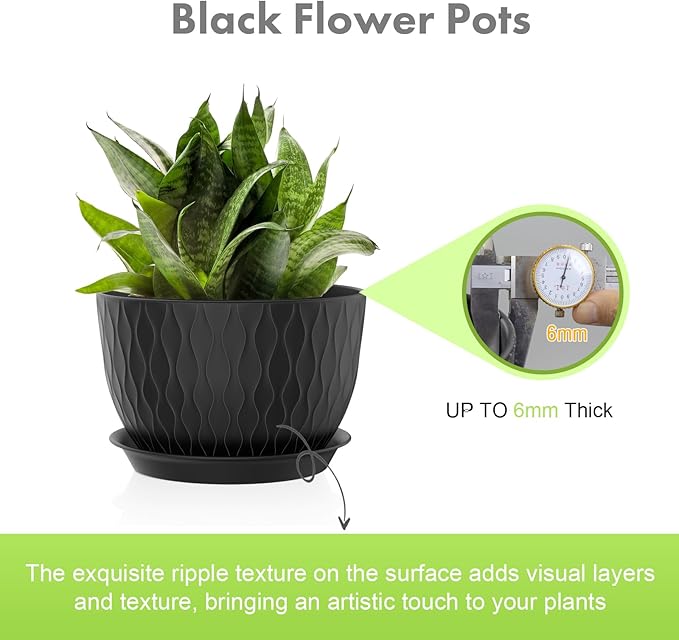 Meowell 12/10/9 inch Large Plant Pots, 3 Pack Wide Flower Pots for Outdoor Indoor Plants with Water Ripples, Big Plastic Planters with Drainage Holes and Saucers for Garden House Plants, Black