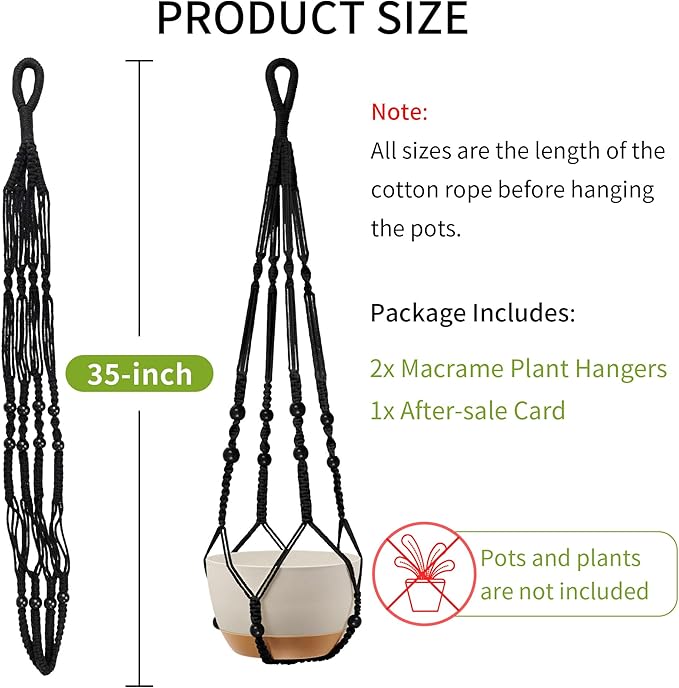 Macrame Plant Hanger - Fits 4 to 13 inches Pots for Indoor Outdoor, 35 Inch, Set of 2, Black (POTS NOT Included)