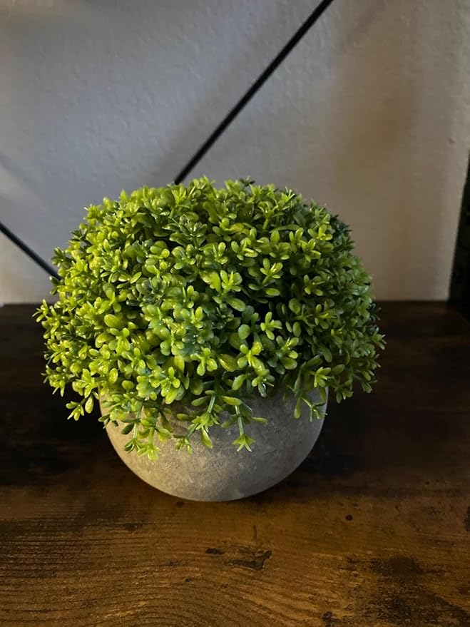 Opps Mini Artificial Plants Plastic Fake Green Grass Flower Topiary Shrubs with Gray Pot for Home Décor – Set of 3 (Green Single)