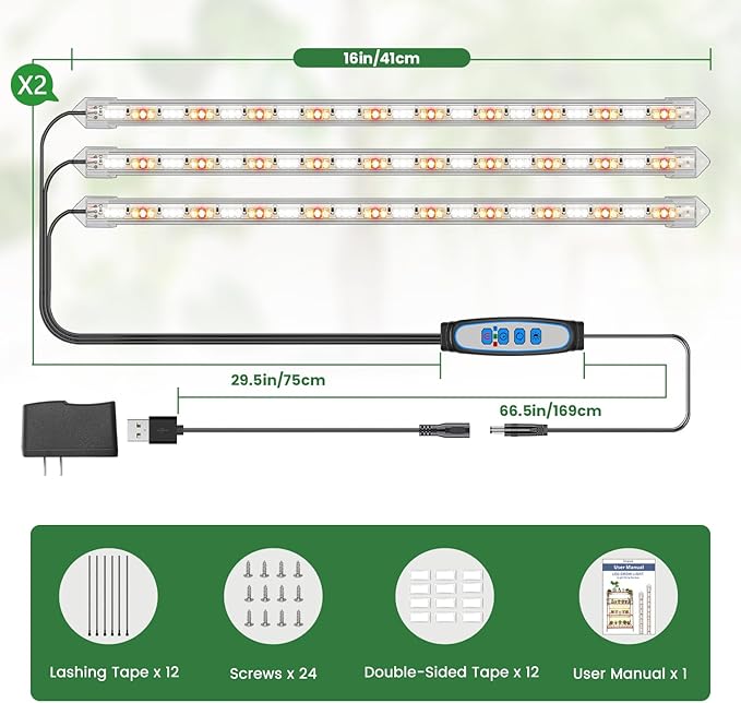 Kullsinss Grow Lights for Indoor Plants Full Spectrum, LED Grow Light Strips with 6/12/16H Timer, 3 Spectrum Modes, 5 Brightness Levels, 180 LEDs Sunlike Plant Lights for Indoor Growing (2 Pack)