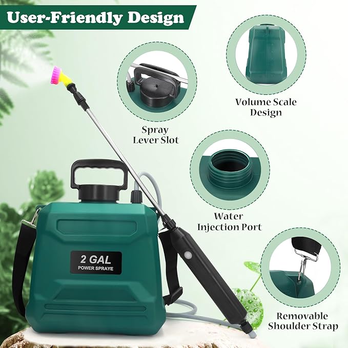 Battery Powered Sprayer 2 Gallon, Powerful Electric Garden Sprayer with 3 Mist Nozzles, USB Rechargeable Handle, Retractable Wand and Adjustable Shoulder Strap for Irrigation, Weeding(Green)