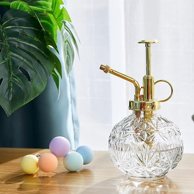 Glass Plant Mister Water Spray Bottle, Succulent Watering Bottle with Plastic Top Pump, 200 ML Capacity Vintage Style Plant Sprayer, Small Watering Can for Indoor Outdoor House Plants - Clear