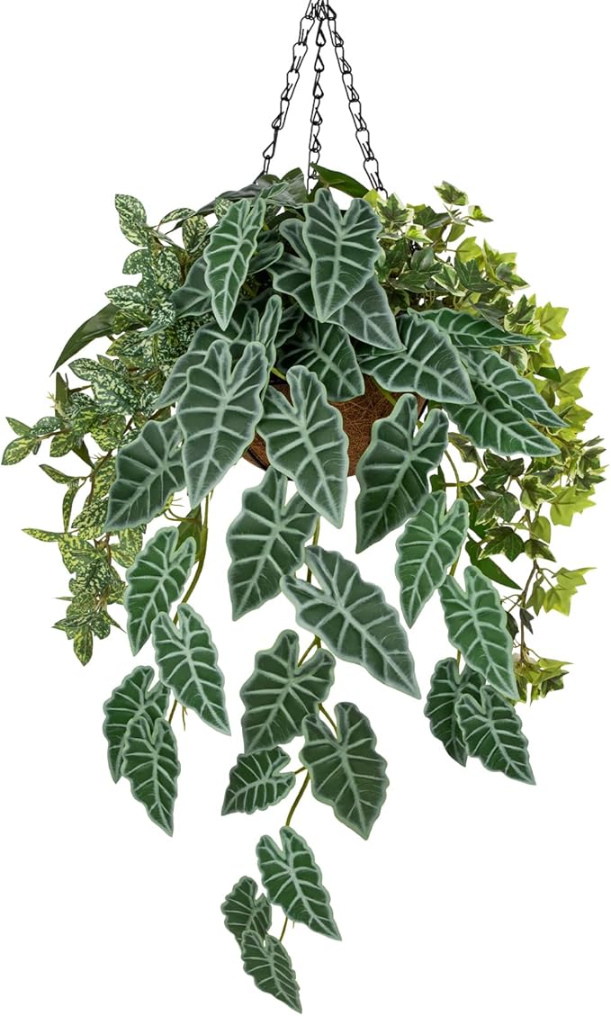 Fake Hanging Plant with Pot, Large Hanging Artificial Plants with Basket & Hanger Faux Greenery Plants Indoor Outdoor Decor Fake Alocasia Longiloba Plant in Pot for Wall Balcony Patio Office Bathroom