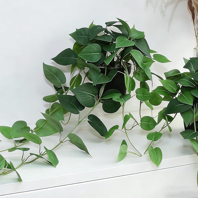 Fake Pothos Hanging Plants with Pots, 33.5" Set of 2 Faux Ivy Vines, Realistic Silk Artificial Plants Greenery for Home Indoor Decor, Living Room, Desk Shelf, Bathroom Decoration