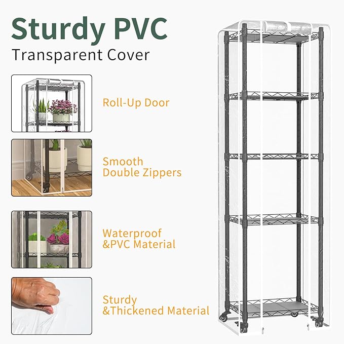 Indoor Greenhouse with Grow Lights,with 40W Full Spectrum Growing Lamps for Seed Starting , 5 Tier 15.7" L×11.8" W×62.3" H Mini Greenhouse，Grow Light Shelf with Tent and Thermometer