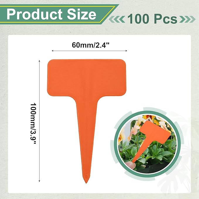 uxcell 100Pcs 4 Inch Plant Labels Large T-Style Garden Marker Plant Tags Garden Labels for Flower Beds,Pots Vegetables Orange