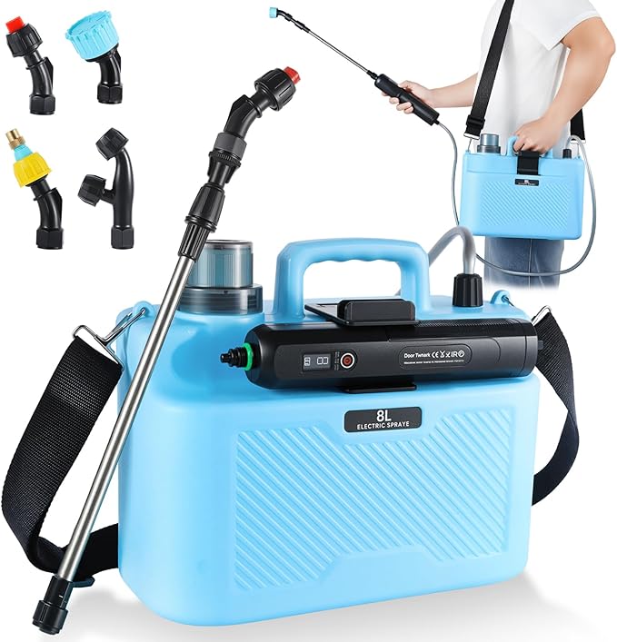 2 Gallon Battery Powered Garden Sprayer, Electric Pump Sprayer with 6 Spray Modes, 4 Durable Nozzles, 2000mAh Rechargeable, Digital Display, Adjustable Wand for Lawn & Weed Care