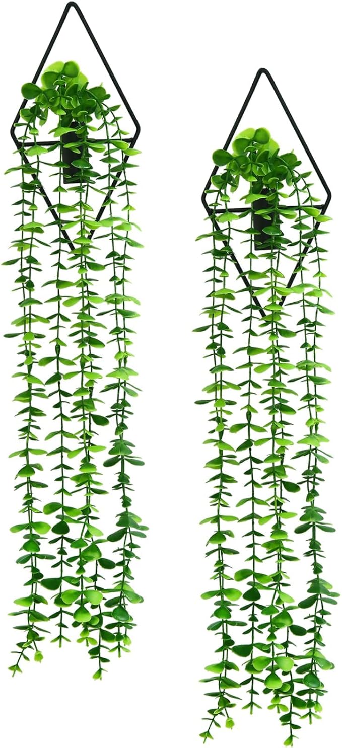 GREENTIME 2 Pack Fake Eucalyptus Hanging Plants 22" with 9.8" Diamond Metal Wall Planter UV Resistant No Maintenance Boho Wall Decor for Indoor Outdoor Bedroom Living Room