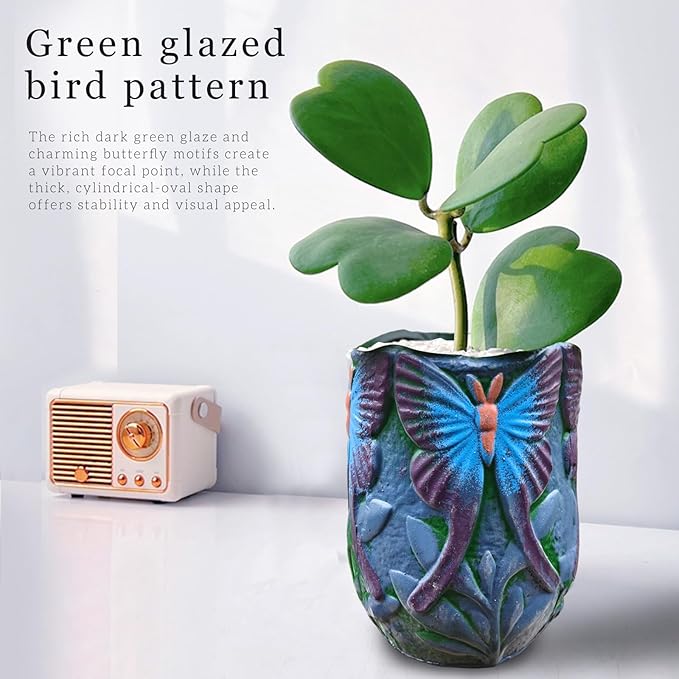 Ceramic Flowerpot– Oval Thick Rough Dark Green Flower Pot with Perforated Drainage Cover, Butterfly Decorative Indoor Outdoor Plant Container