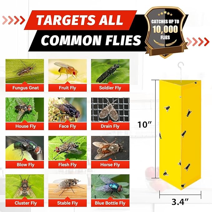 LULUCATCH Sticky Fly Traps, 10 Pack Fly Traps Indoor with Hanging Hook, Odorless Yellow Sticky Gnat Traps for Mosquitoes, Non-Toxic Bug Catchers for Fleas, Drain Flies, Moths, Insects