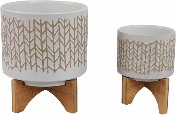 Sagebrook Home Set of 2 Ceramic Planters with Stands - Stoneware Pots with Bamboo Wood Base - Modern Geometric Design for Indoor/Outdoor Plants - Plant Holders for Home & Garden - 11", 7" Ivory & Tan