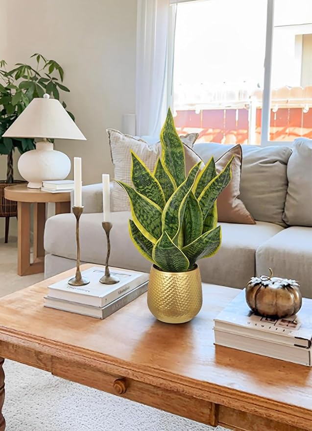 DILATATA Artificial Snake Plant in Gold Pot, 18” Faux Sansevieria Potted Plant for Home Office Decor, Fake Snake Plants Laurentii Indoor Modern Tabletop Decor Faux Mother in Law Tongue