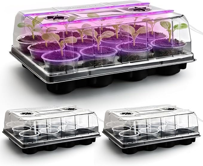 RooTrimmer 3 Pack 12 Cell Seed Starting Trays with Clear Domes and Growing Lights & 4 Inch Clear Seedling Pots 36 Pack, Plant Nursery Faster Propagation Kit 3 Sets for Seeds Vegetables Herbs