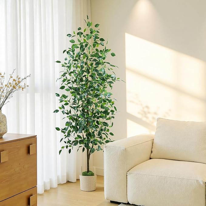 Caxchiling Fake Ficus Tree 6FT, Artificial Tree with Pot for Indoor Outdoor, Lifelike Faux Floor Plants with Moss Topper and Cotton Basket, Home Office Living Room Bedroom Doorway Hallway Decor