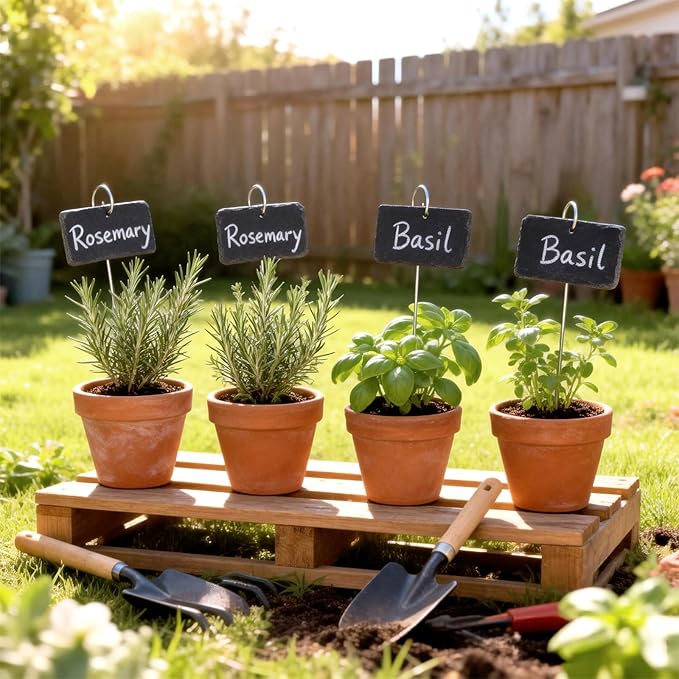KINGLAKE Large Slate Plant Labels - 10 Pcs Slate Garden Plant Labels Tags with Metal Stakes and Chalk Pencils Tall Garden Plants Markers Signs for Outdoor Plants Vegetables Herb Flower Bed Pots