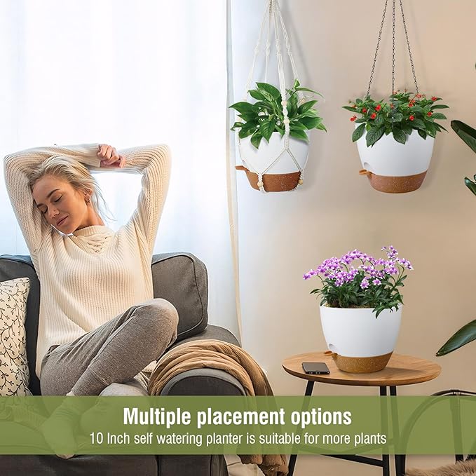 Meowell 10 inch Self Watering Hanging Planters, 2 Pack Hanging Baskets for Indoor Outdoor Plants, Hanging Flower Pots with Drainage Holes & 2 Kinds of Plant Hangers for Garden Home Décor, White Brown