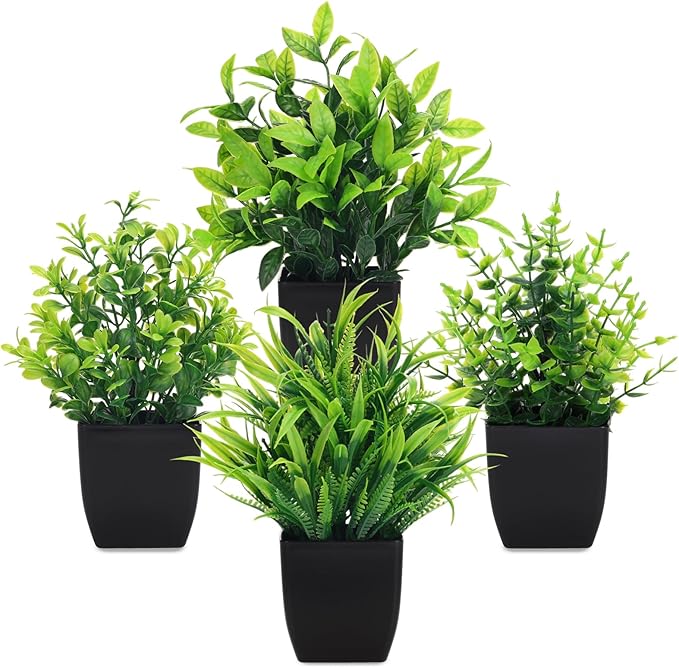CEWOR Fake Plants 4 Packs Small Artificial Greenery Plants Mini Black Bathroom Accessories Decorations for Desk Bathroom Office Home Room Kitchen Table Decor Indoor