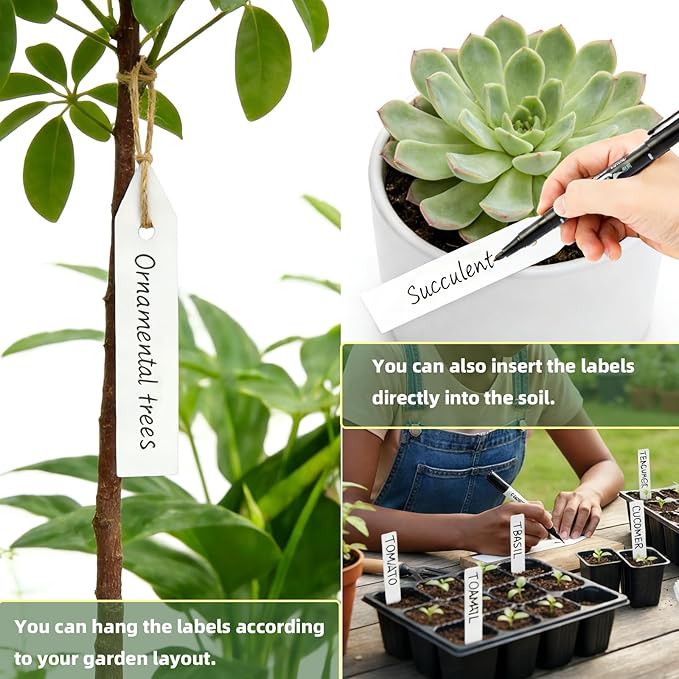 Plant Labels 150 PCS, Slim White Garden Plant Tags with Holes, PP Plastic Waterproof Labels with Permanent Marker, Jute Twine & Storage Box for Indoor & Outdoor Gardening (150PCS)