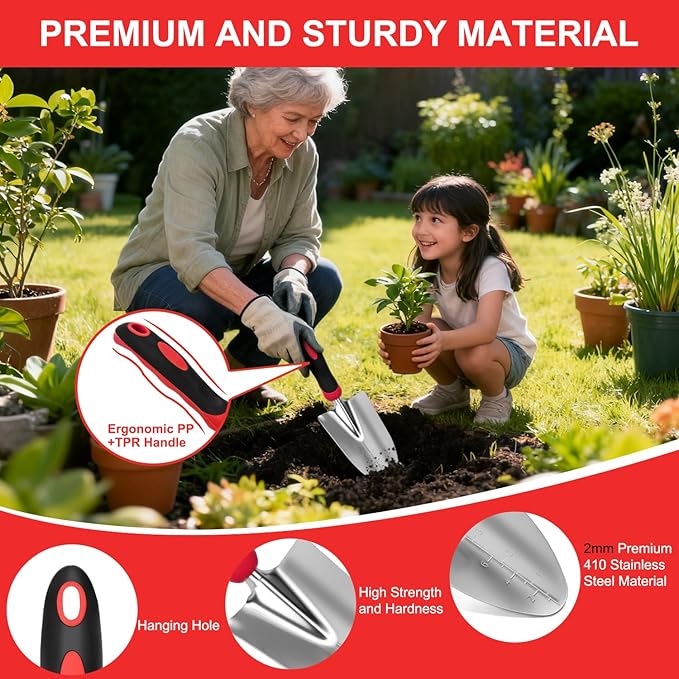 Yesker Gardening Tools 9-Piece Heavy Duty Garden Tool Set Gardening Supplies Gifts for Women Men Gardening Hand Tool Kit with Non-Slip Ergonomic Handle, Garden Bag, Durable Gloves, Pruning Shears, Red