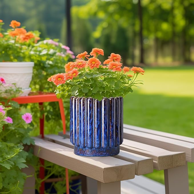 Ceramicfor Ceramic Pots for Plants - 7.6 Inch Plant Pots Indoor with Drainage Hole, Fluted Round Ceramic Planter Outdoor, Modern Flower Planter, Home Office Living Room Decor, Garden Gifts, Blue
