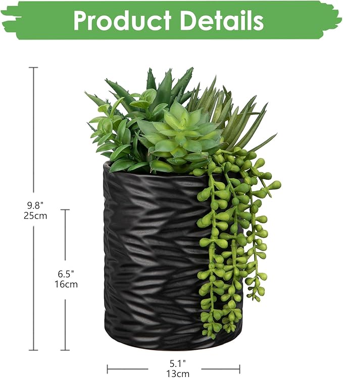 Hollyone Artificial Succulents in Pots Faux Succulents Plants Fake Succulent Arrangement Potted Plants with Black Ceramic Vase for Office Desk Bathroom Shelf Living Room Indoor Home Decor Large