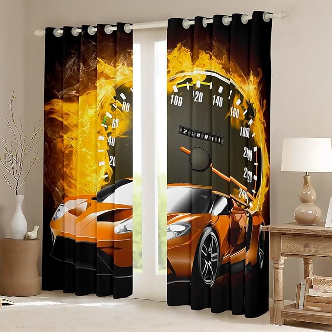 Orange Sports Car Blackout Curtains,Cool Speed Race Cars Racing Games Curtains & Drapes 2 Panels 42"Wx84"L,Extreme Sport Window Treatments,Yellow Firing Window Curtains Hobby Activity Decor Black