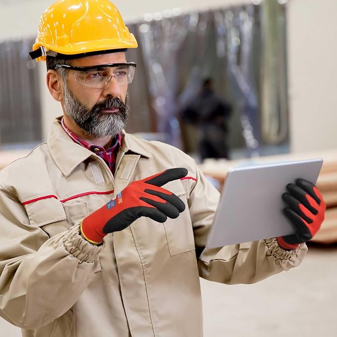 KAYGO Work Gloves PU Coated for Men and Women, 12 Pairs Safety Work Gloves with Two Fingers Touchscreen, Breathable and Lightweight,Ideal for Light Warehouse, Manufacturing, Gardening, KG11P (L, Red)