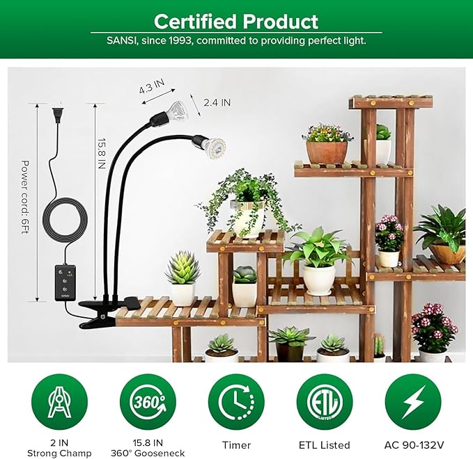 SANSI LED Grow Lights for Indoor Plants 1-Pack + 10W Grow Bulbs 2-Pack, Lifetime Free Bulb Replacement, 300W Full Spectrum Dual Gooseneck Clip Plant Grow Light, Plant Light with Timer 4/8/12 Hrs