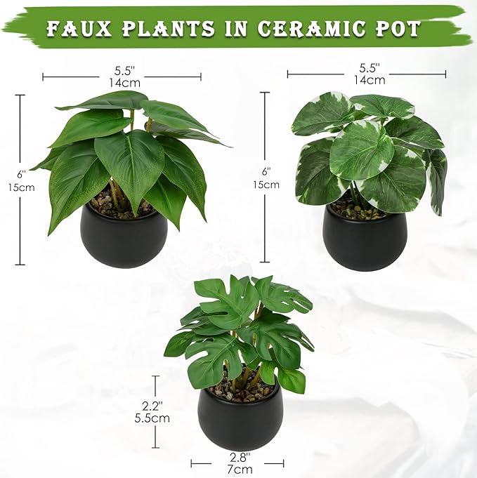 Briful 3PCS Fake Plants Potted Artificial Plants Mini Faux Plants in Black Ceramic Pots Greenery Décor for Home Office Table Room Farmhouse Indoor Decoration