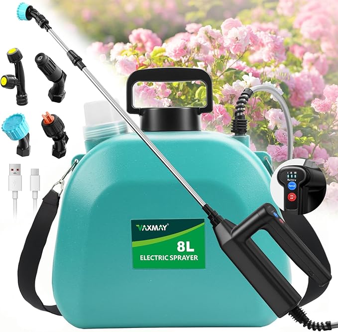 Battery Powered Sprayer 2 Gallon, 2026 Upgrade Electric Sprayer with 3 Adjustable Speed, Battery Indicator, 4 Mist Nozzles, Rechargeable Retractable Wand with Adjustable Shoulder Strap for Lawn Garden