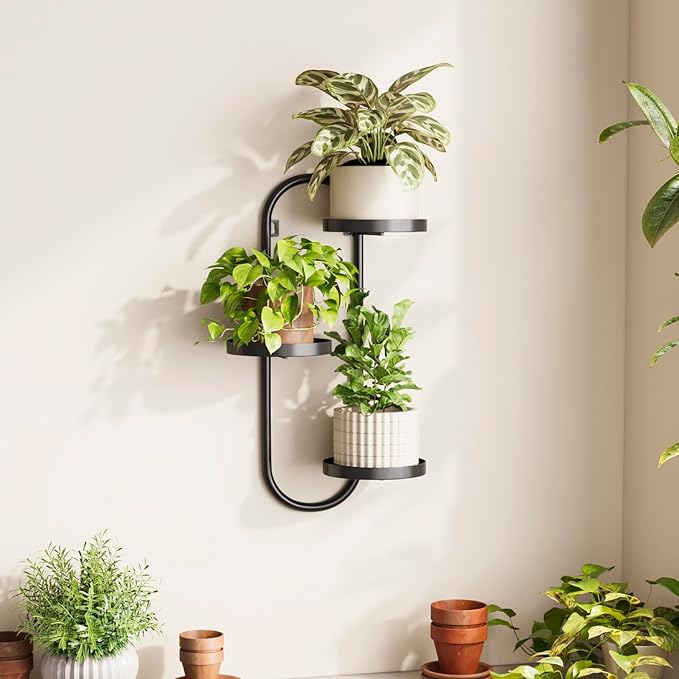 Laposso Wall Plant Holder 3 Tier Window Plant Shelves Metal Plant Wall Hanger for Indoor Plants Hanging Small Wall Shelf Living Room Balcony Black